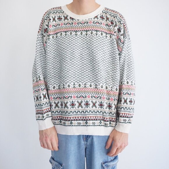 Vintage Cabin Creek Cream Green Fair Isle Sweater Cabincore Retro 80s/90s L - Picture 1 of 9